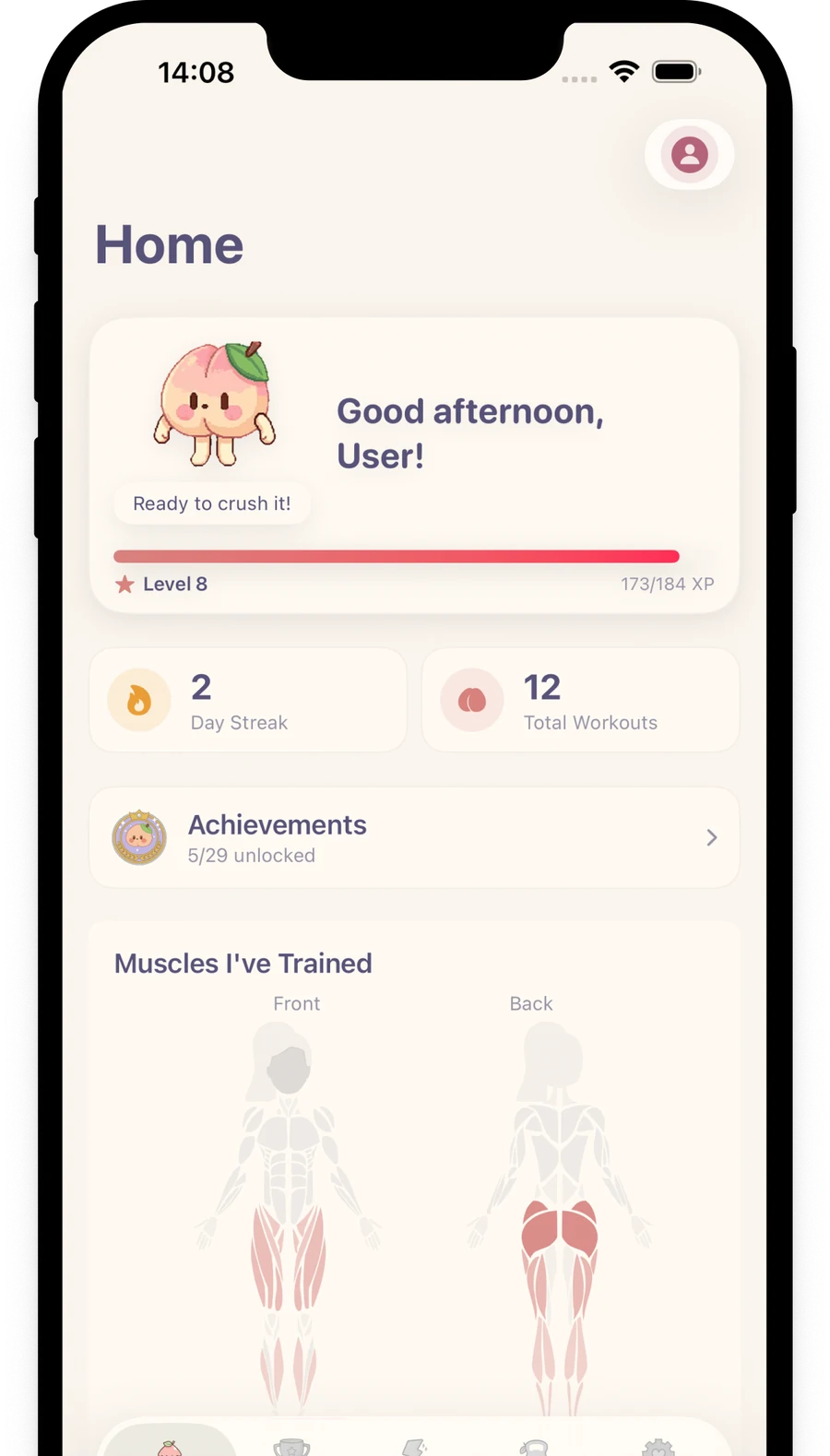 Cute Lifts home screen with Peachy, XP bar and streaks