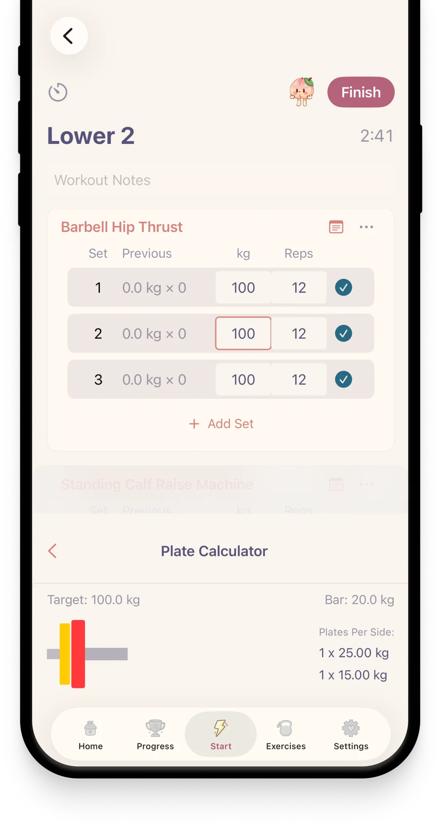 Logging a workout in Cute Lifts with the plate calculator open